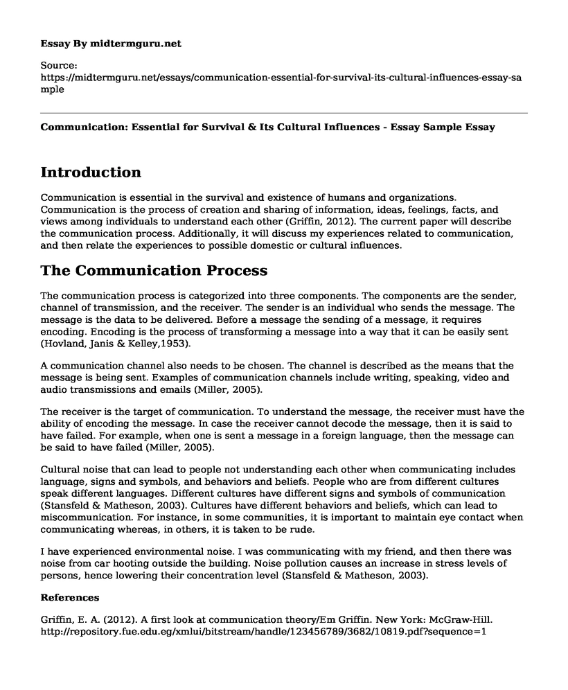 Communication: Essential for Survival & Its Cultural Influences - Essay Sample