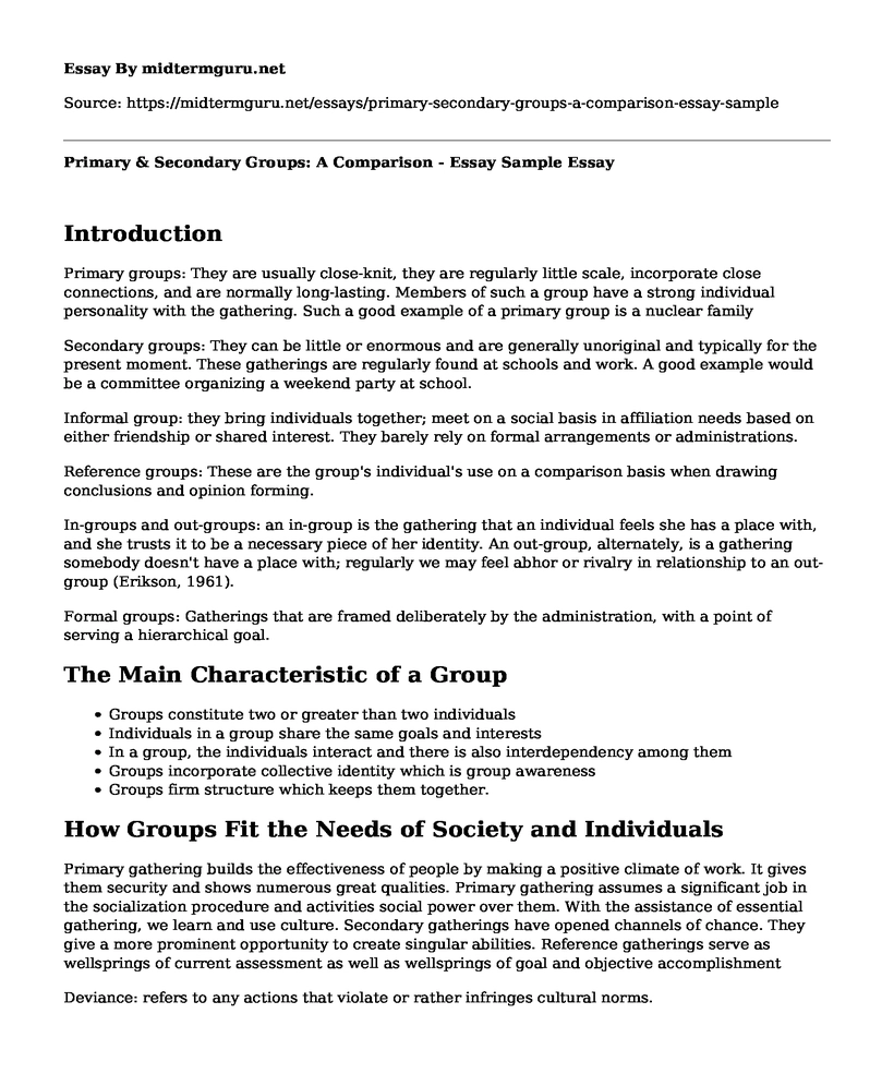 Primary & Secondary Groups: A Comparison - Essay Sample