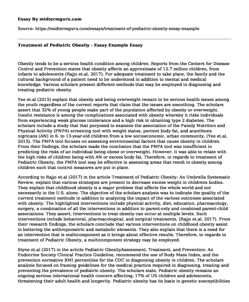 Treatment of Pediatric Obesity - Essay Example