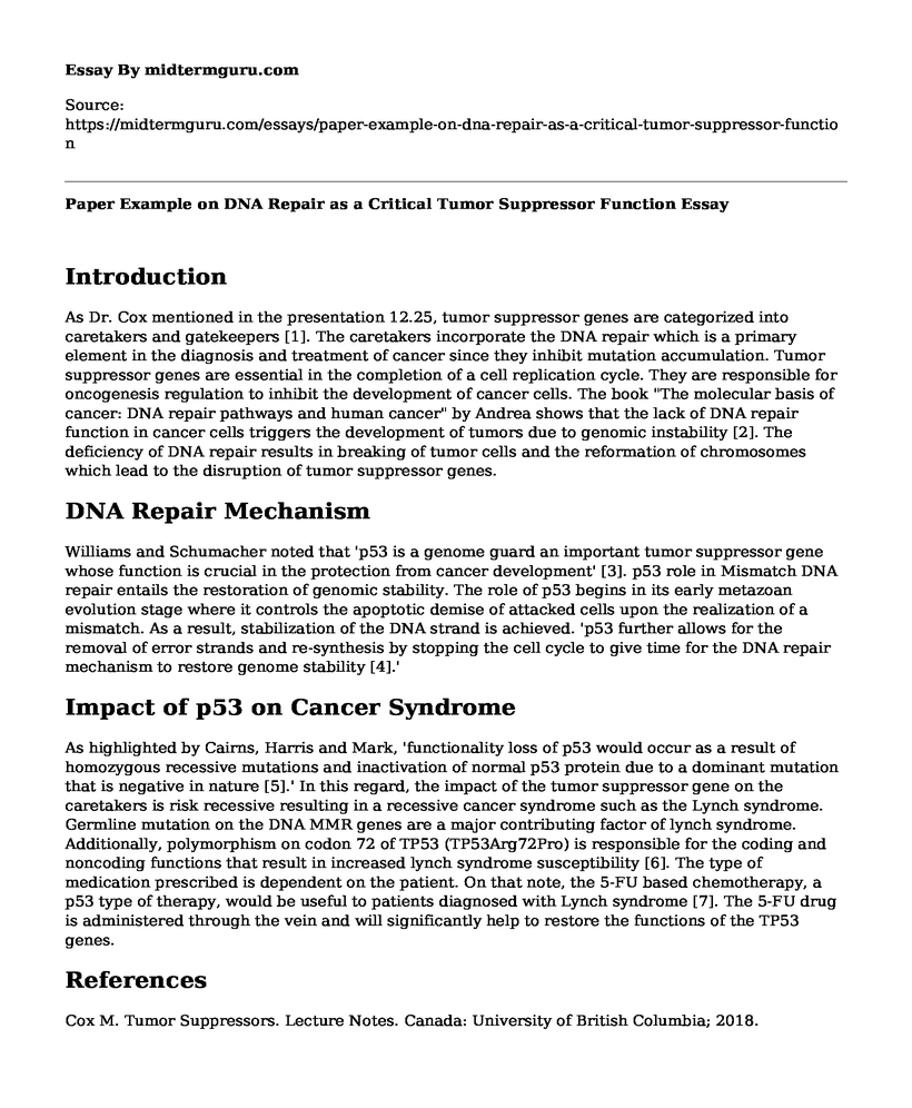 Paper Example on DNA Repair as a Critical Tumor Suppressor Function