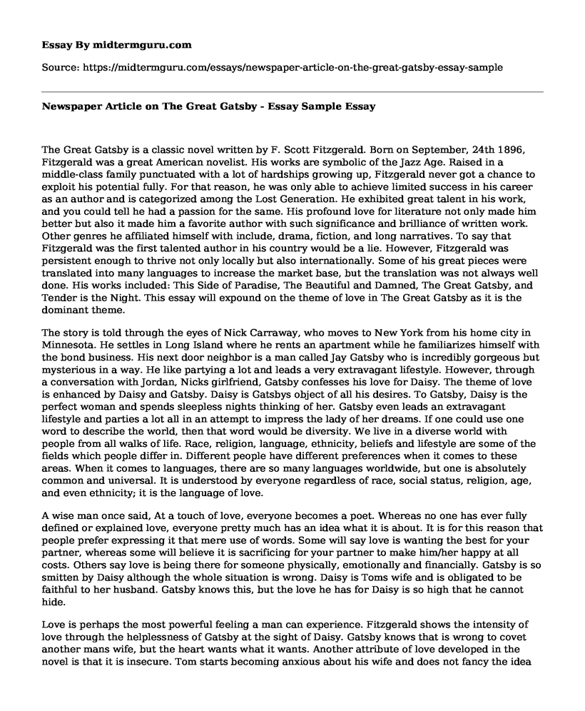 Newspaper Article on The Great Gatsby - Essay Sample