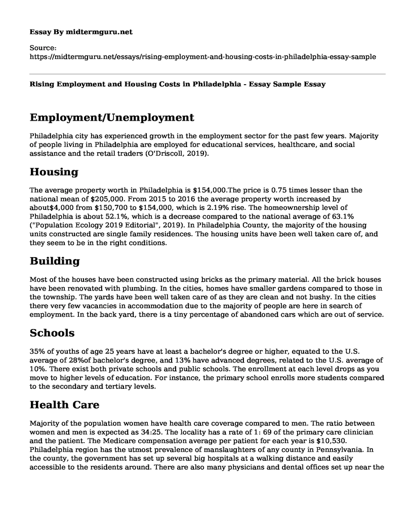 Rising Employment and Housing Costs in Philadelphia - Essay Sample