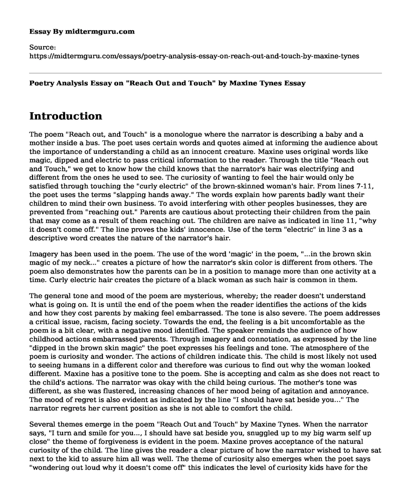 Poetry Analysis Essay on "Reach Out and Touch" by Maxine Tynes