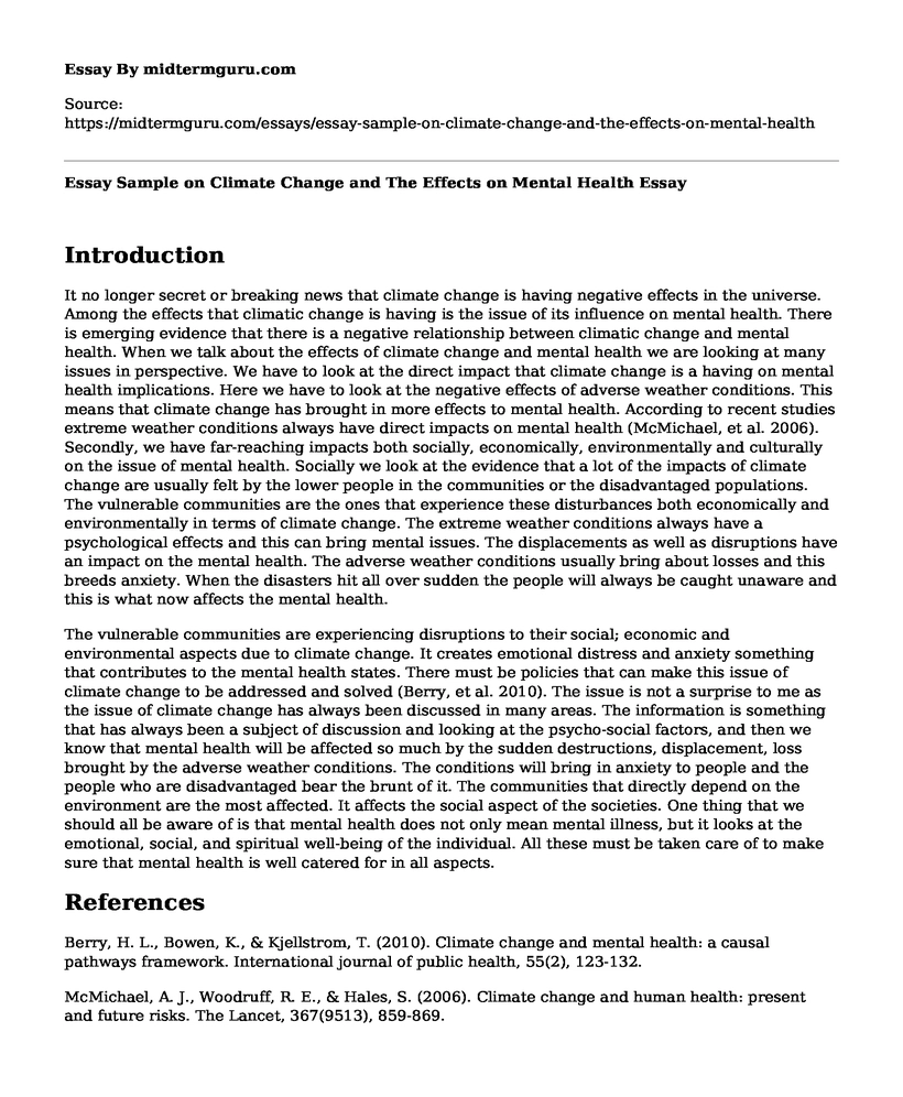 Essay Sample on Climate Change and The Effects on Mental Health