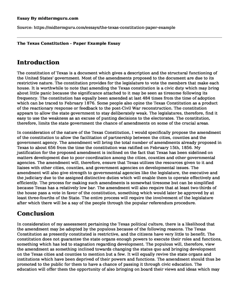 The Texas Constitution - Paper Example