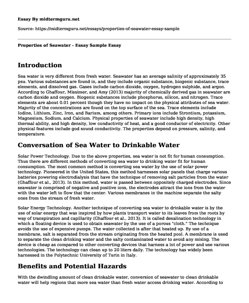 Properties of Seawater - Essay Sample