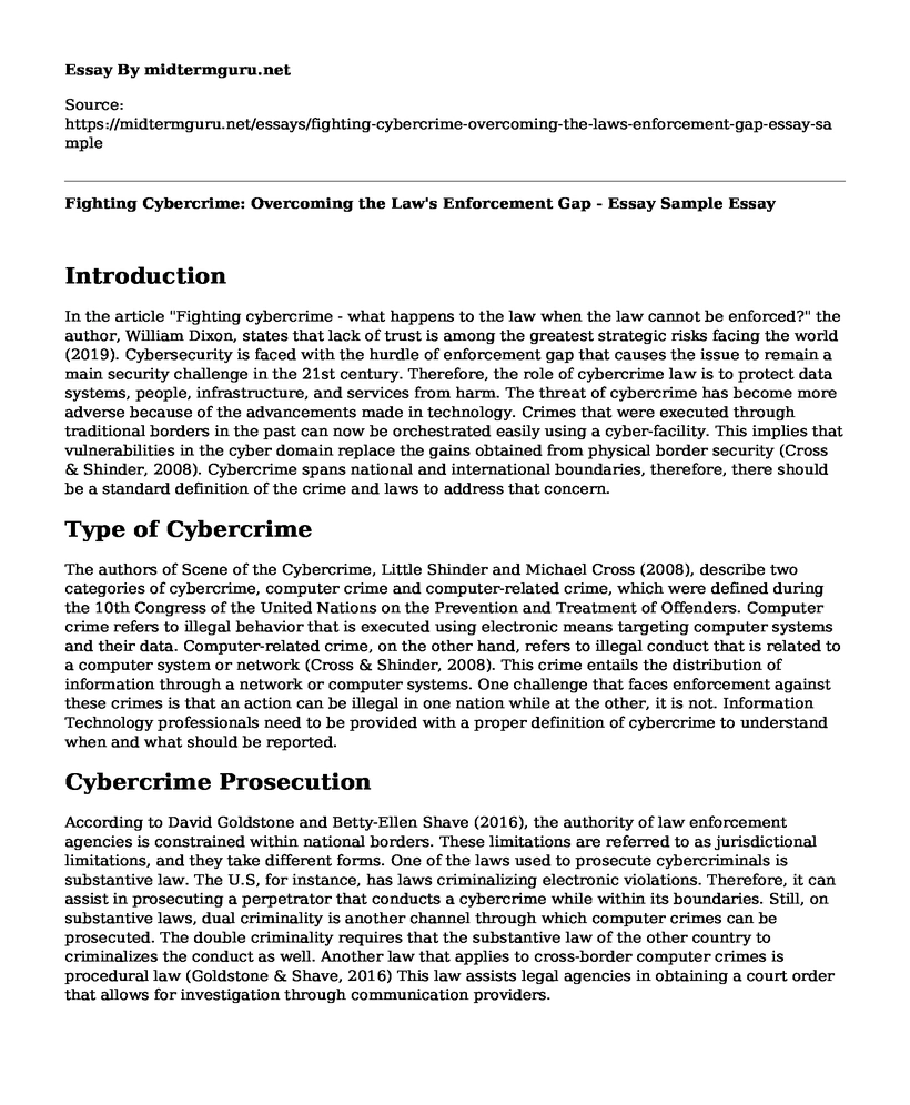 Fighting Cybercrime: Overcoming the Law's Enforcement Gap - Essay Sample