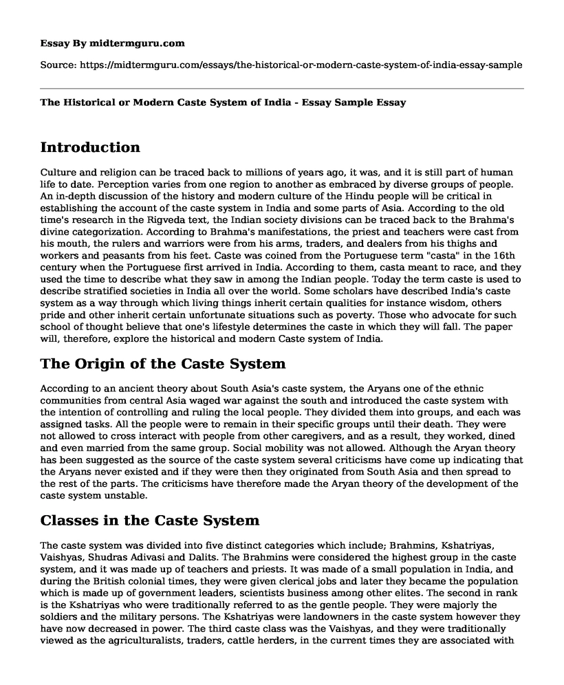 The Historical or Modern Caste System of India - Essay Sample