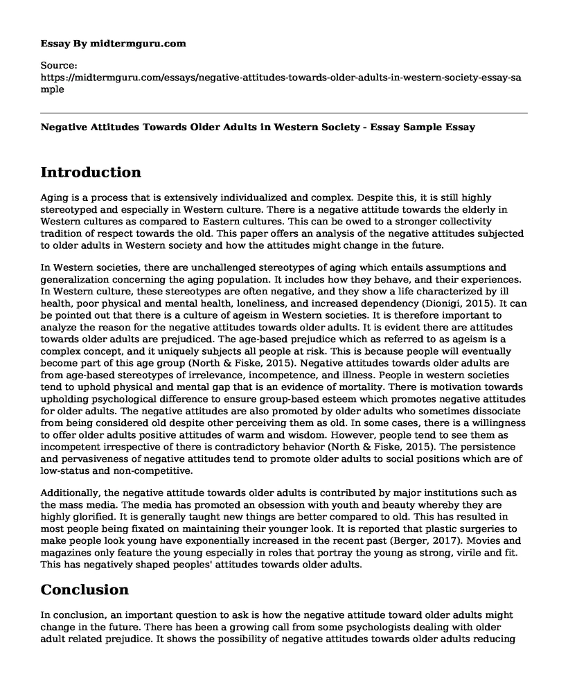 Negative Attitudes Towards Older Adults in Western Society - Essay Sample