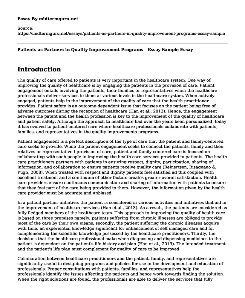 Patients as Partners in Quality Improvement Programs - Essay Sample