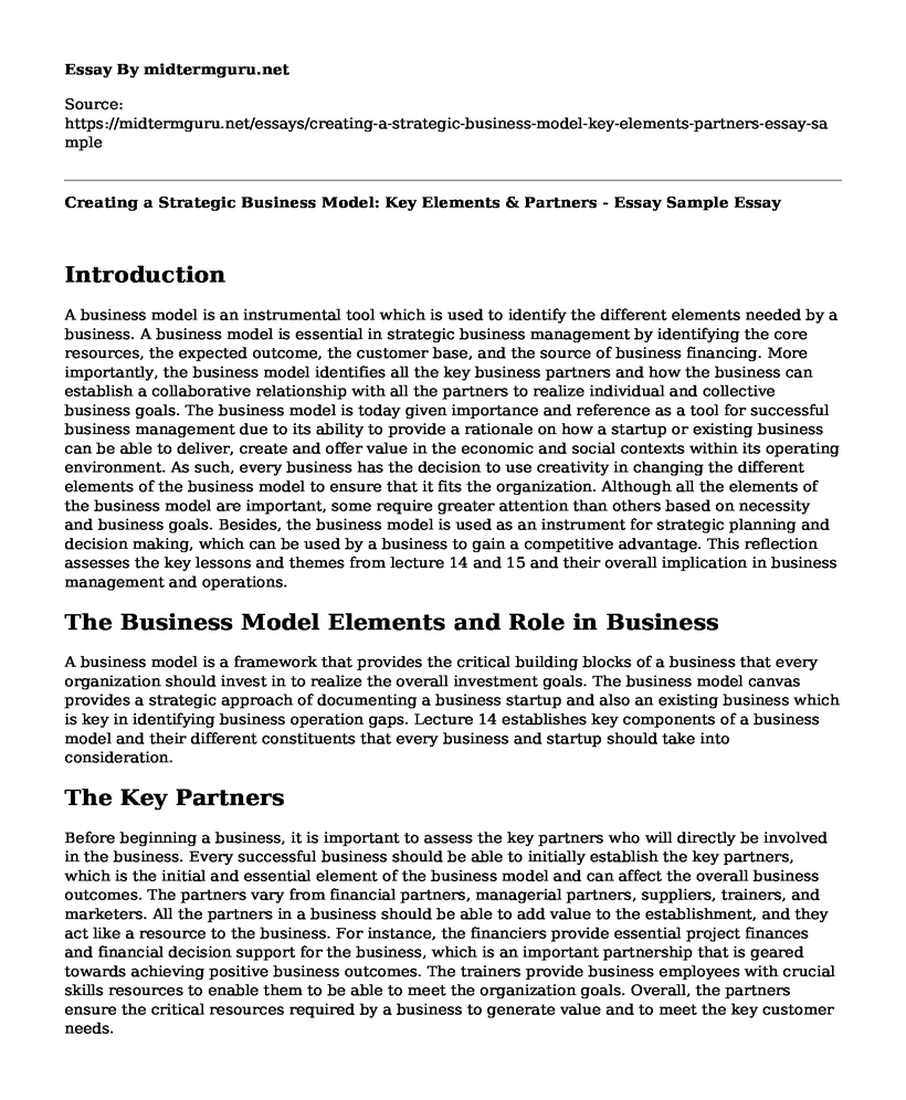 Creating a Strategic Business Model: Key Elements & Partners - Essay Sample