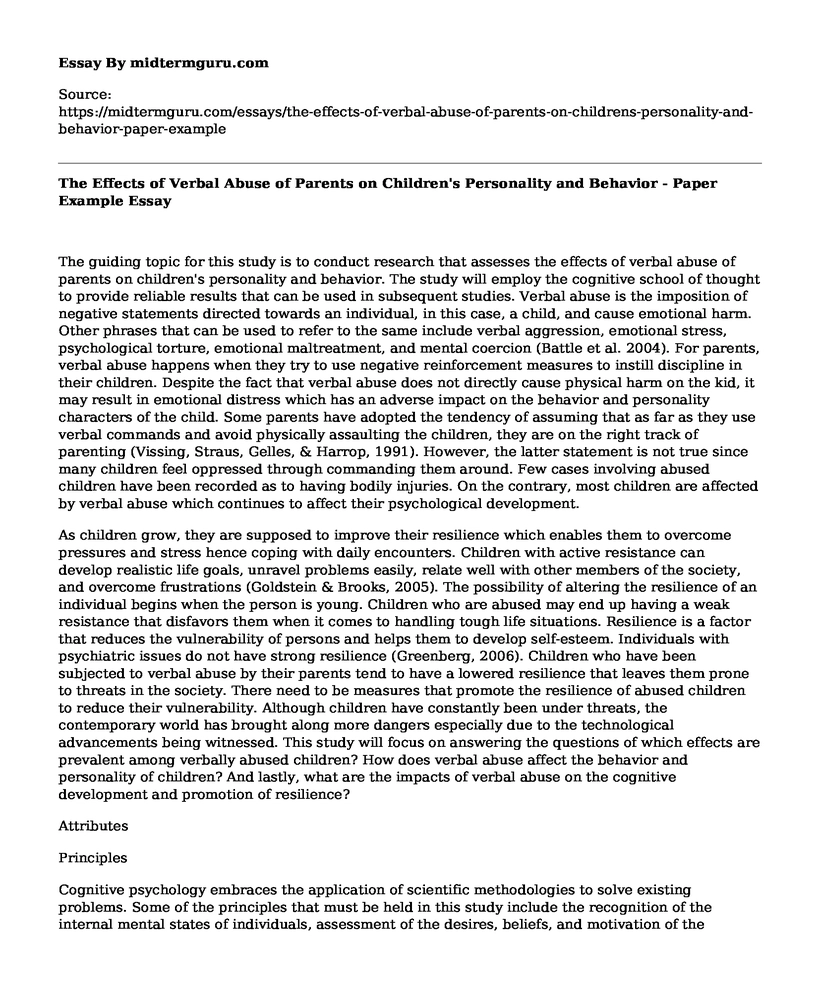 The Effects of Verbal Abuse of Parents on Children's Personality and Behavior - Paper Example