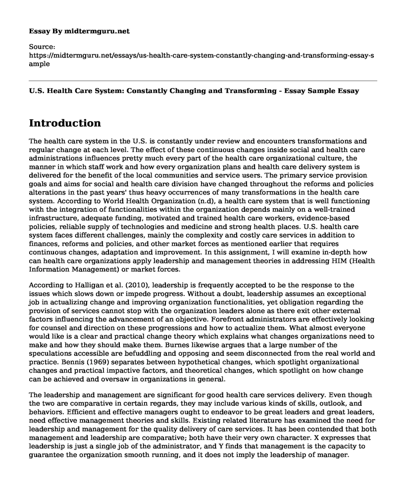 U.S. Health Care System: Constantly Changing and Transforming - Essay Sample