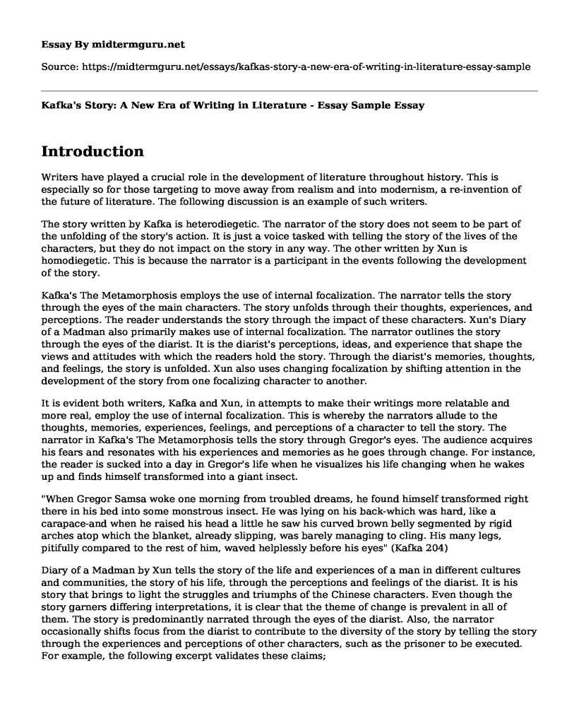 Kafka's Story: A New Era of Writing in Literature - Essay Sample