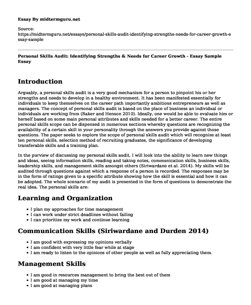 Personal Skills Audit: Identifying Strengths & Needs for Career Growth - Essay Sample