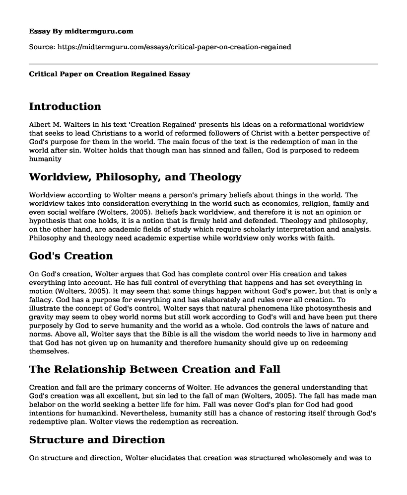 Critical Paper on Creation Regained