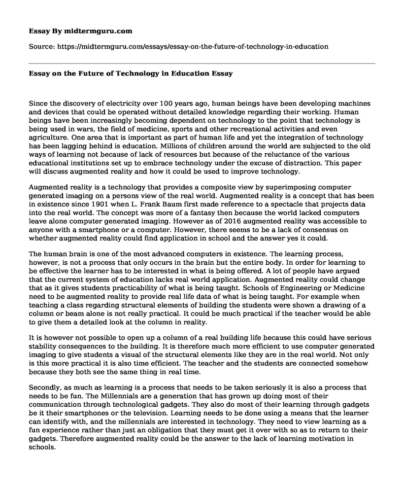 Essay on the Future of Technology in Education
