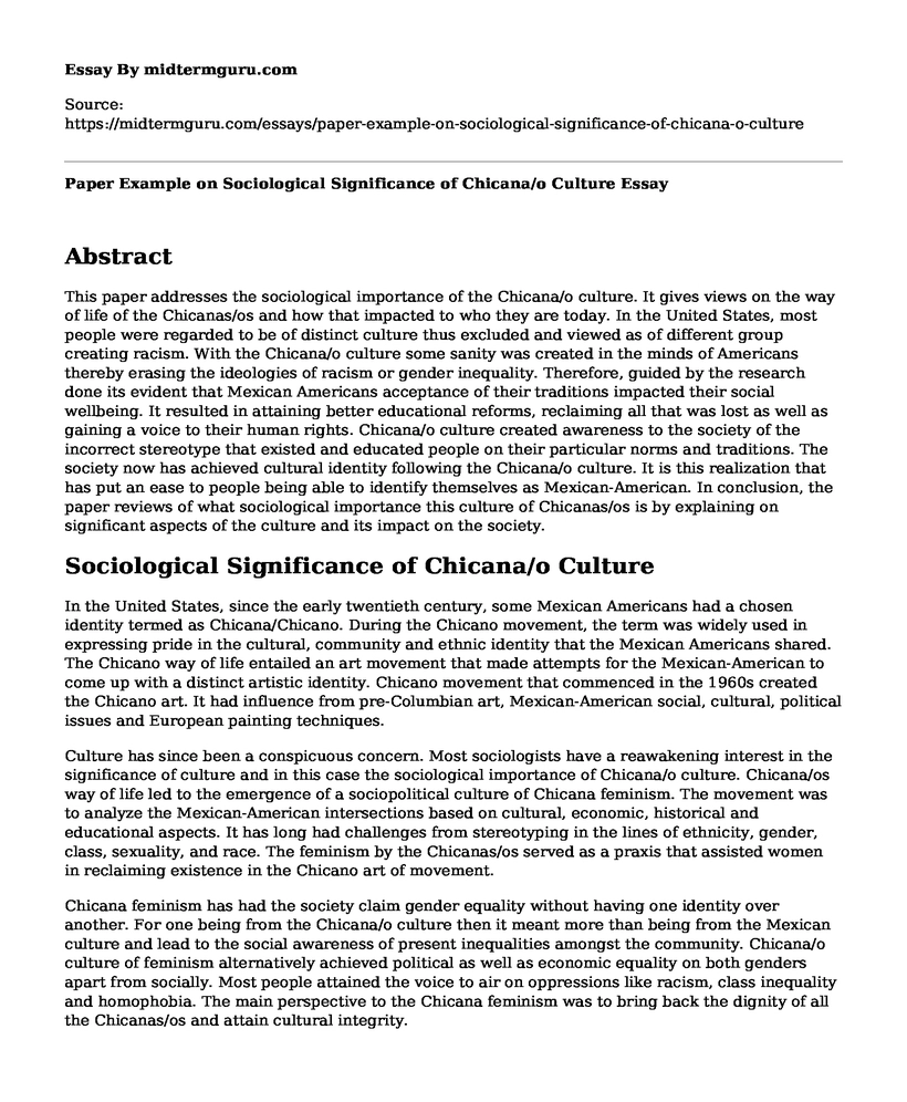 Paper Example on Sociological Significance of Chicana/o Culture