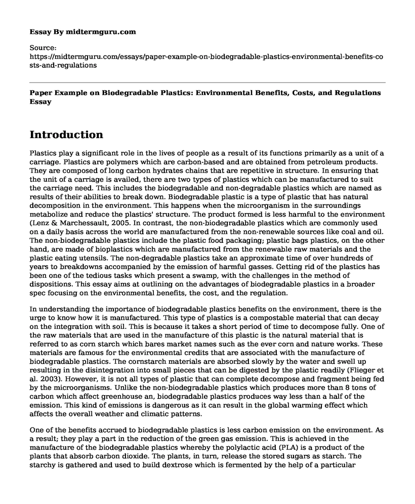 Paper Example on Biodegradable Plastics: Environmental Benefits, Costs, and Regulations