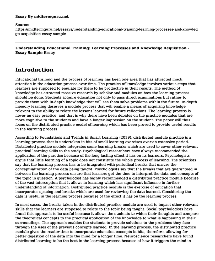 Understanding Educational Training: Learning Processes and Knowledge Acquisition - Essay Sample