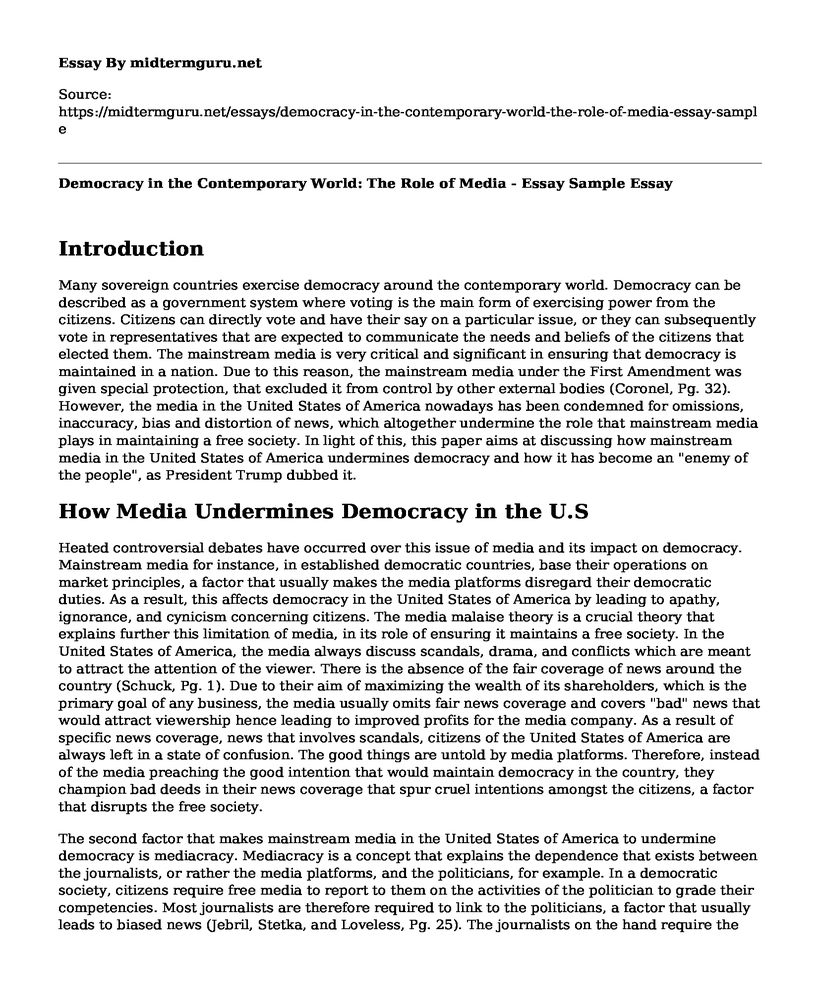 Democracy in the Contemporary World: The Role of Media - Essay Sample