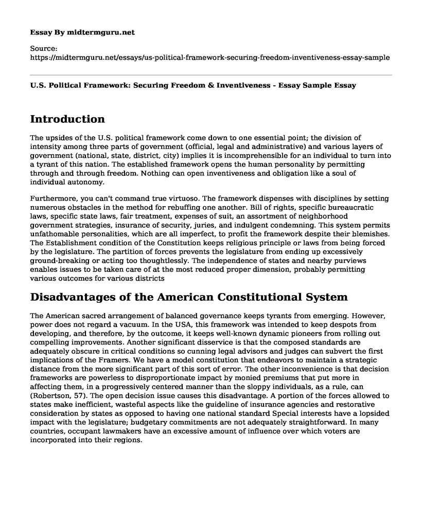 U.S. Political Framework: Securing Freedom & Inventiveness - Essay Sample