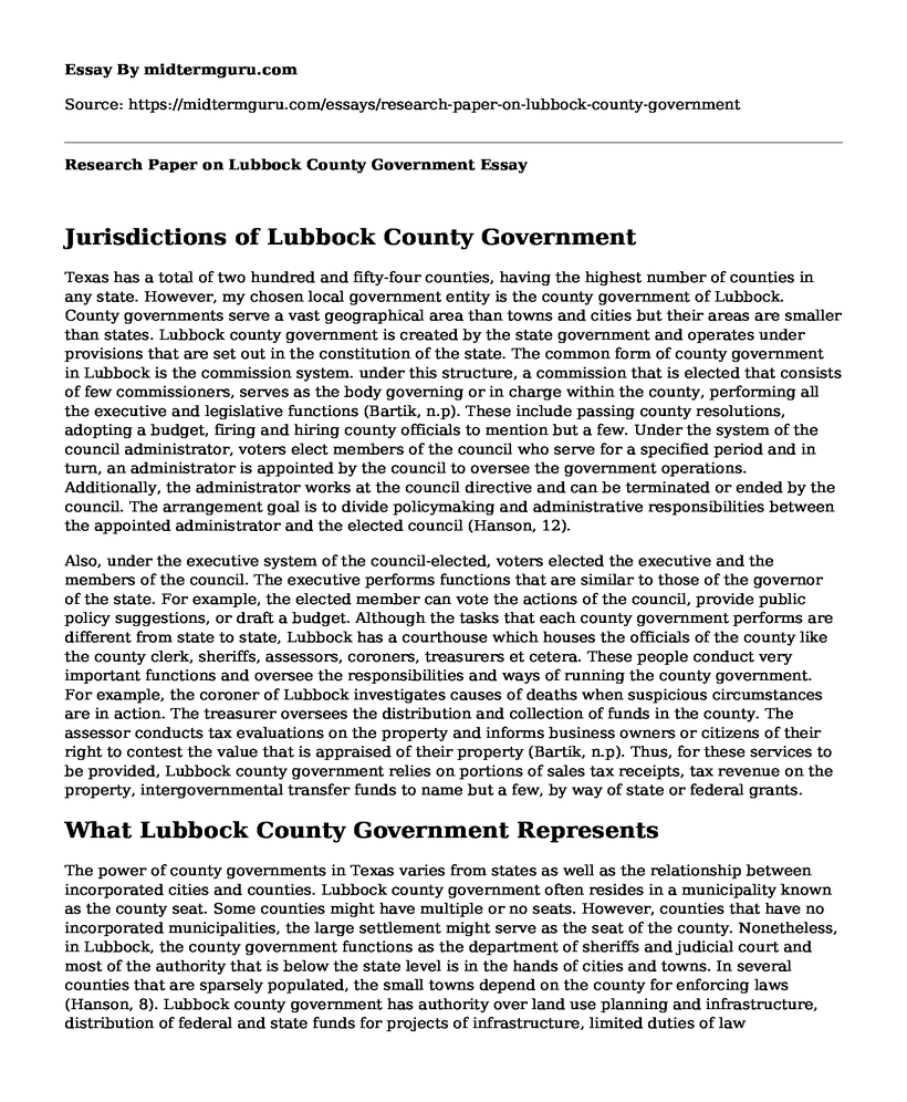 Research Paper on Lubbock County Government