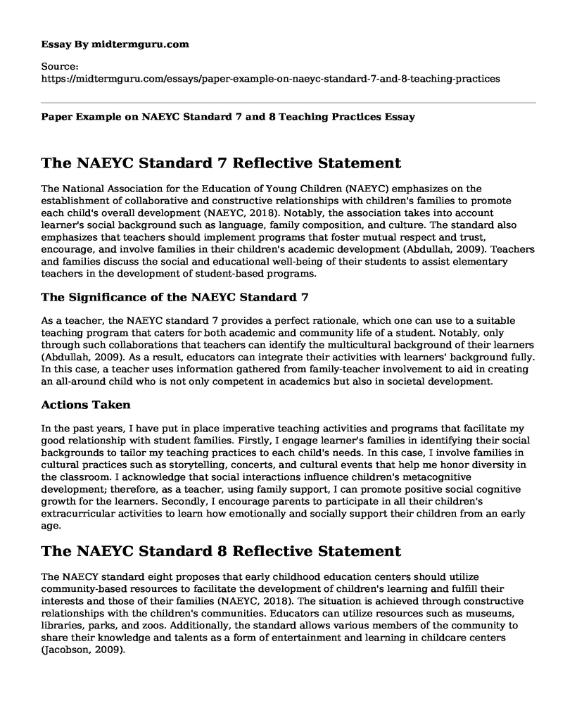 Paper Example on NAEYC Standard 7 and 8 Teaching Practices