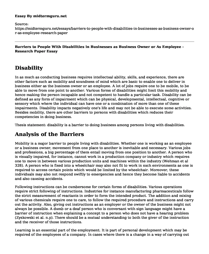 Barriers to People With Disabilities in Businesses as Business Owner or As Employee - Research Paper