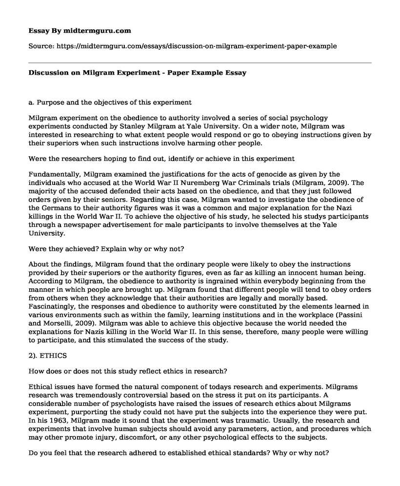 Discussion on Milgram Experiment - Paper Example