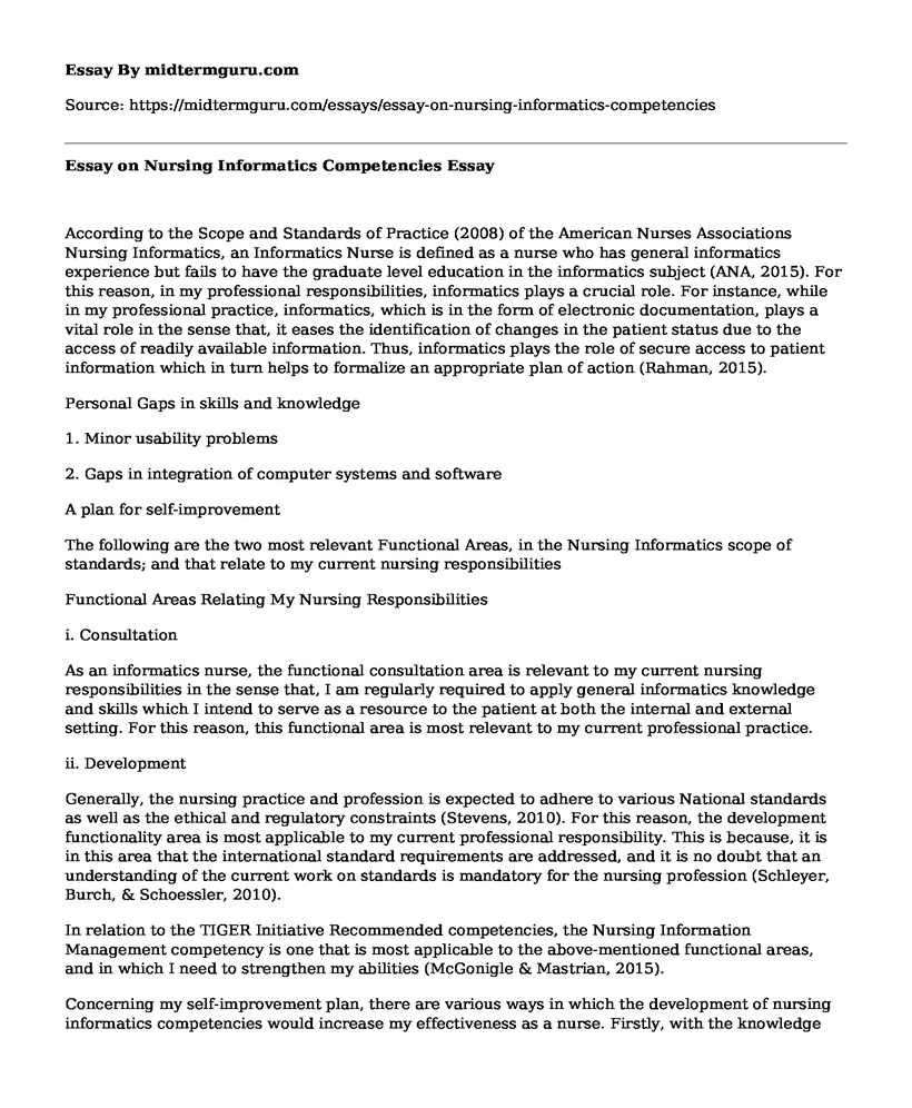 Essay on Nursing Informatics Competencies