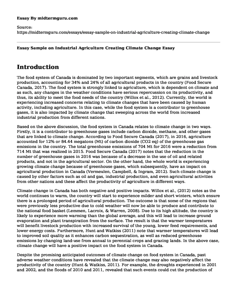 Essay Sample on Industrial Agriculture Creating Climate Change