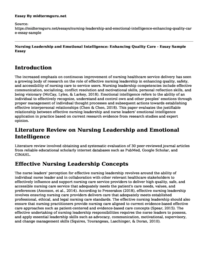 Nursing Leadership and Emotional Intelligence: Enhancing Quality Care - Essay Sample