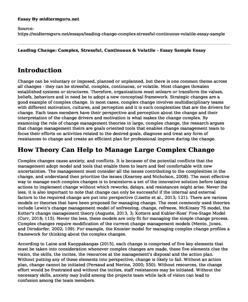 Leading Change: Complex, Stressful, Continuous & Volatile - Essay Sample