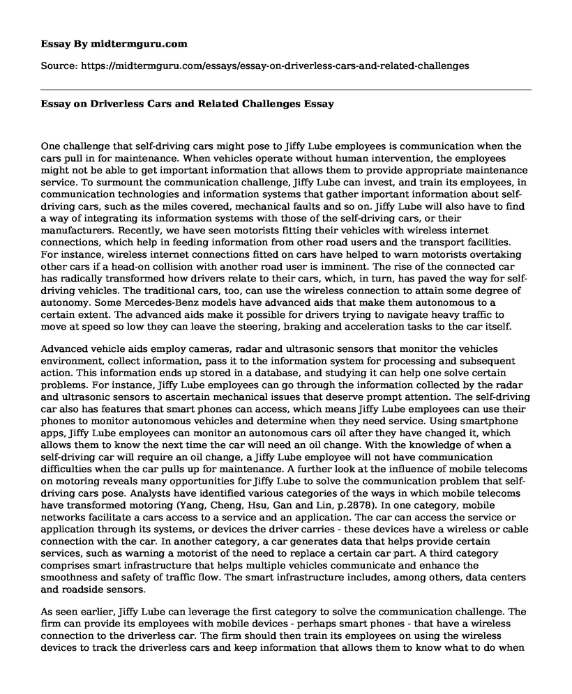Essay on Driverless Cars and Related Challenges