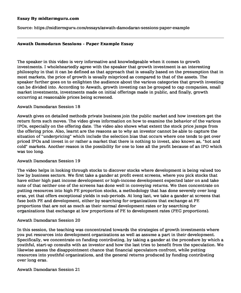 Aswath Damodaran Sessions - Paper Example