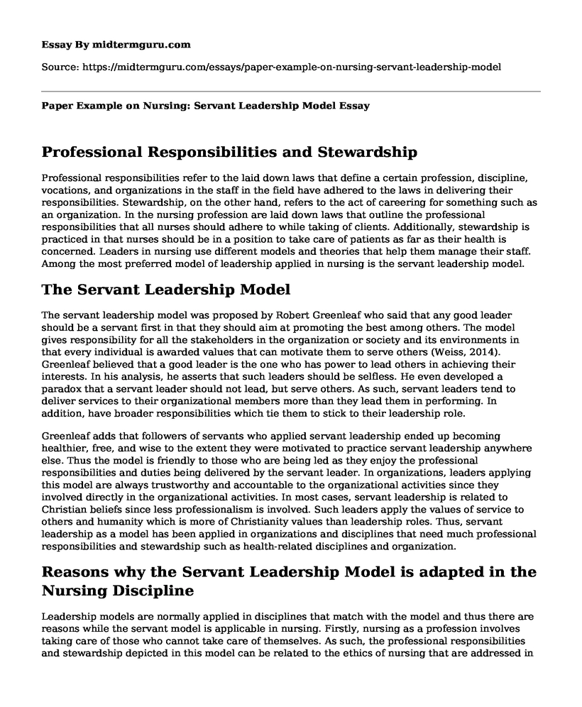 Paper Example on Nursing: Servant Leadership Model