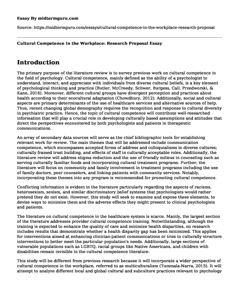 Cultural Competence in the Workplace: Research Proposal