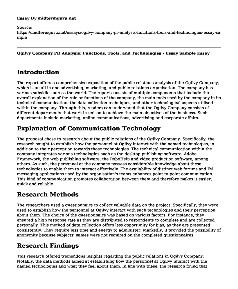 Ogilvy Company PR Analysis: Functions, Tools, and Technologies - Essay Sample
