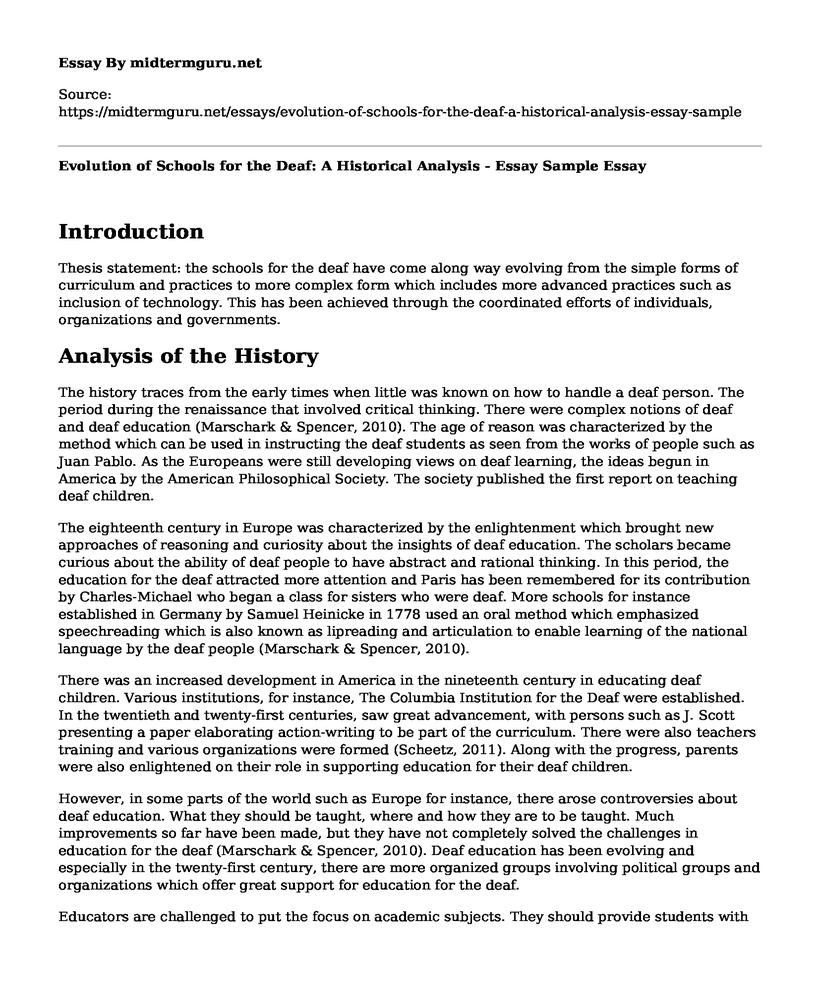 Evolution of Schools for the Deaf: A Historical Analysis - Essay Sample