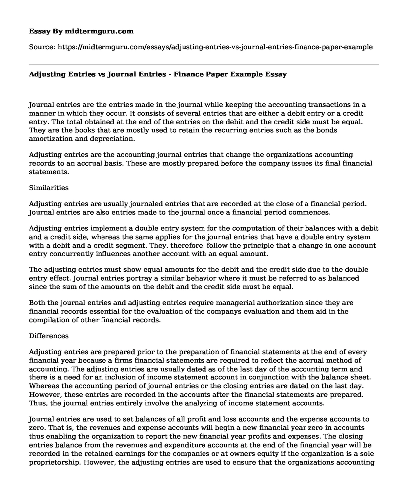 Adjusting Entries vs Journal Entries - Finance Paper Example