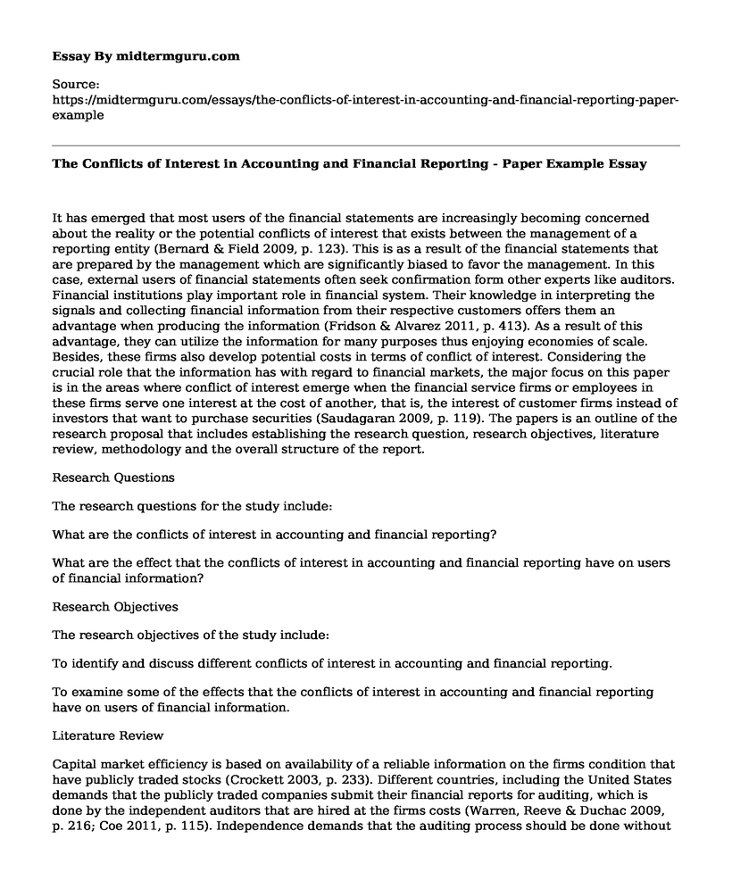 The Conflicts of Interest in Accounting and Financial Reporting - Paper Example