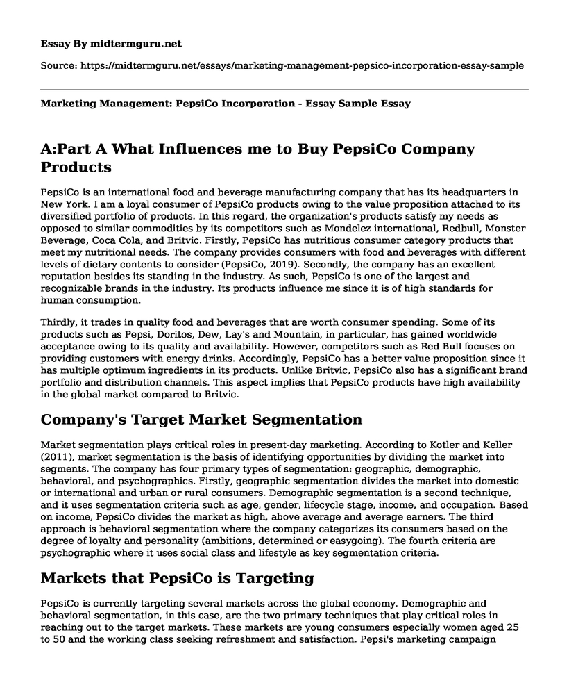 Marketing Management: PepsiCo Incorporation - Essay Sample