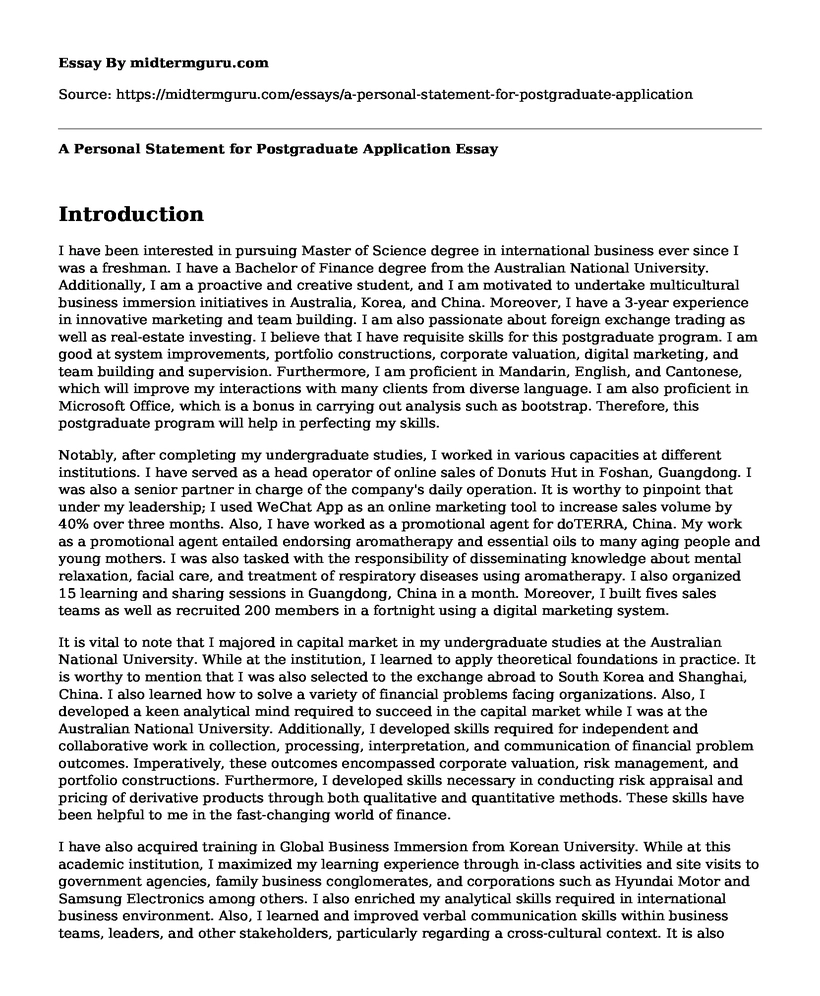  A Personal Statement For Postgraduate Application Free Essay Term 
