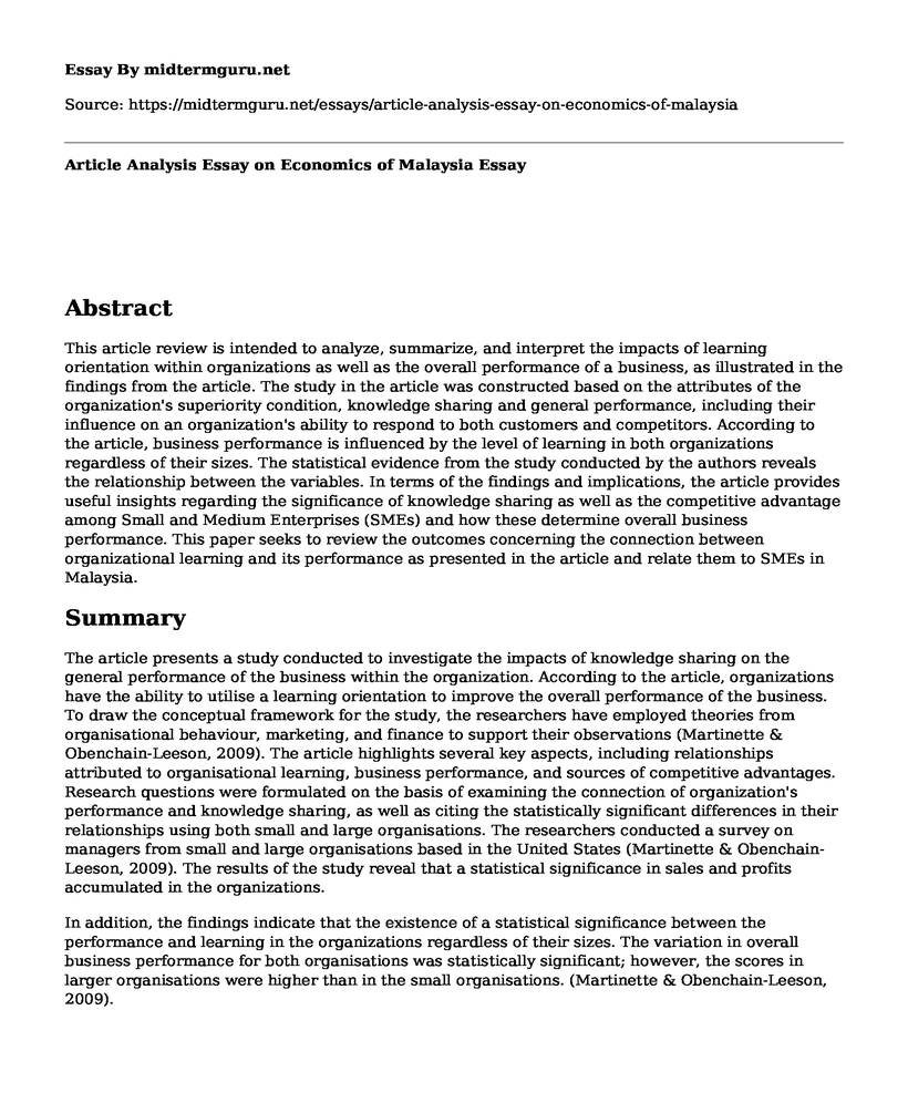 Article Analysis Essay on Economics of Malaysia