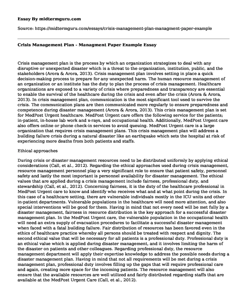 Crisis Management Plan - Managment Paper Example