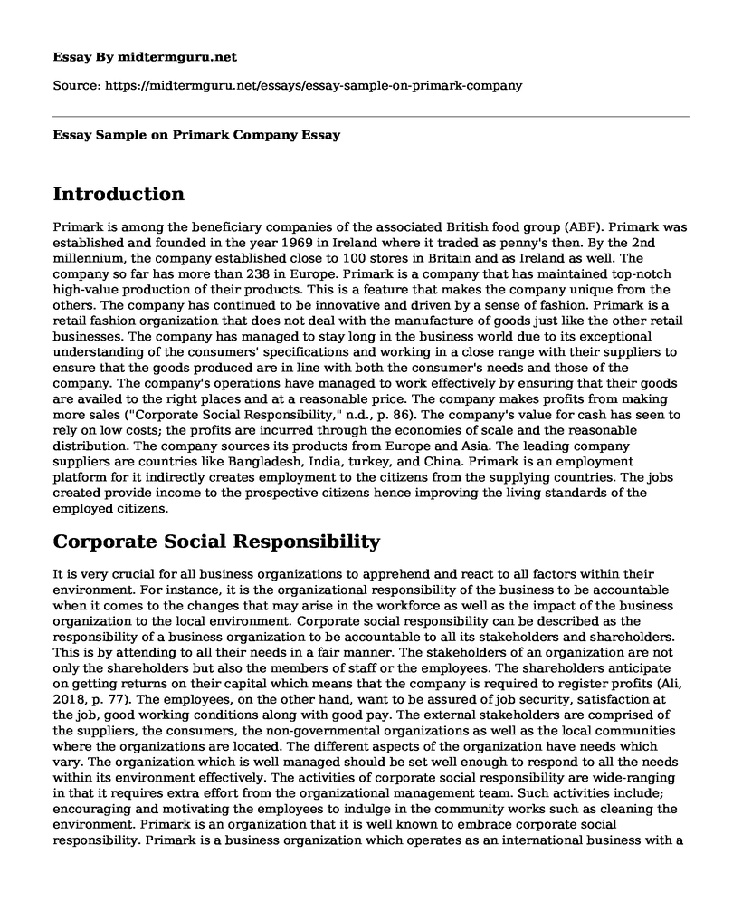 Essay Sample on Primark Company