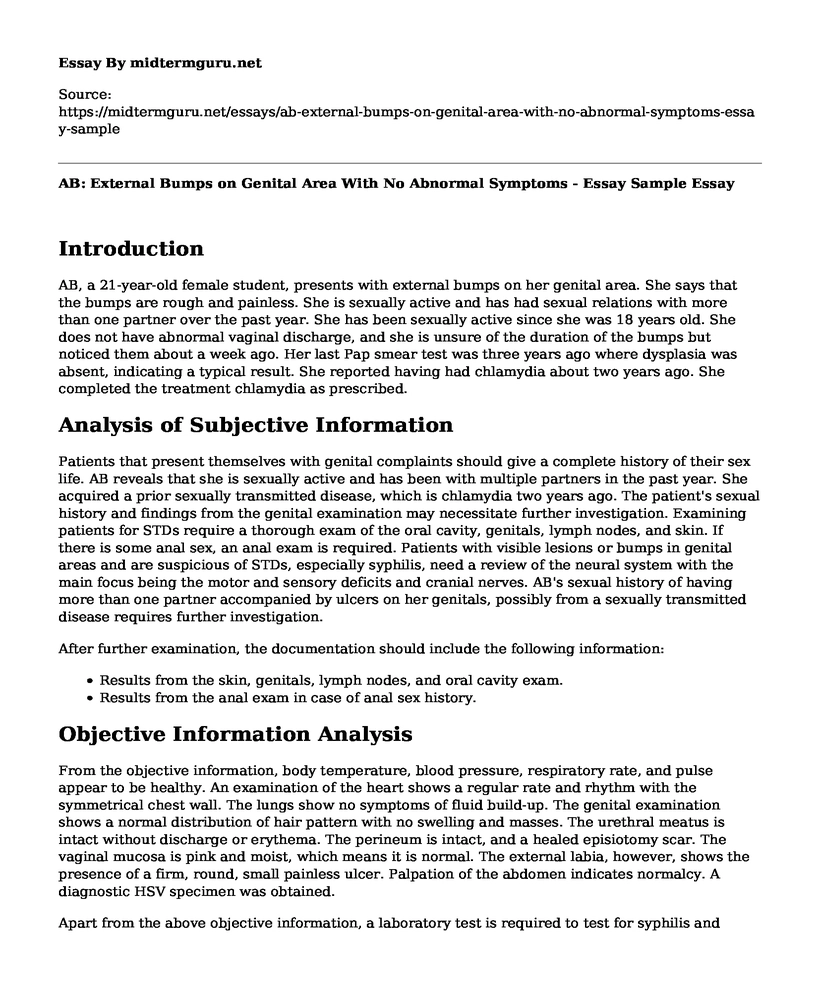 AB: External Bumps on Genital Area With No Abnormal Symptoms - Essay Sample