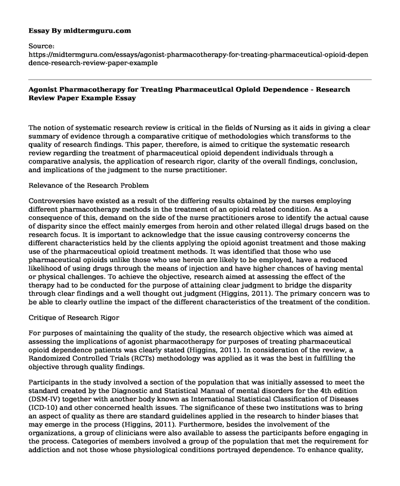 Agonist Pharmacotherapy for Treating Pharmaceutical Opioid Dependence - Research Review Paper Example