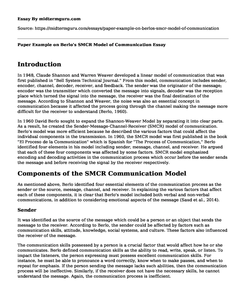 Paper Example on Berlo's SMCR Model of Communication